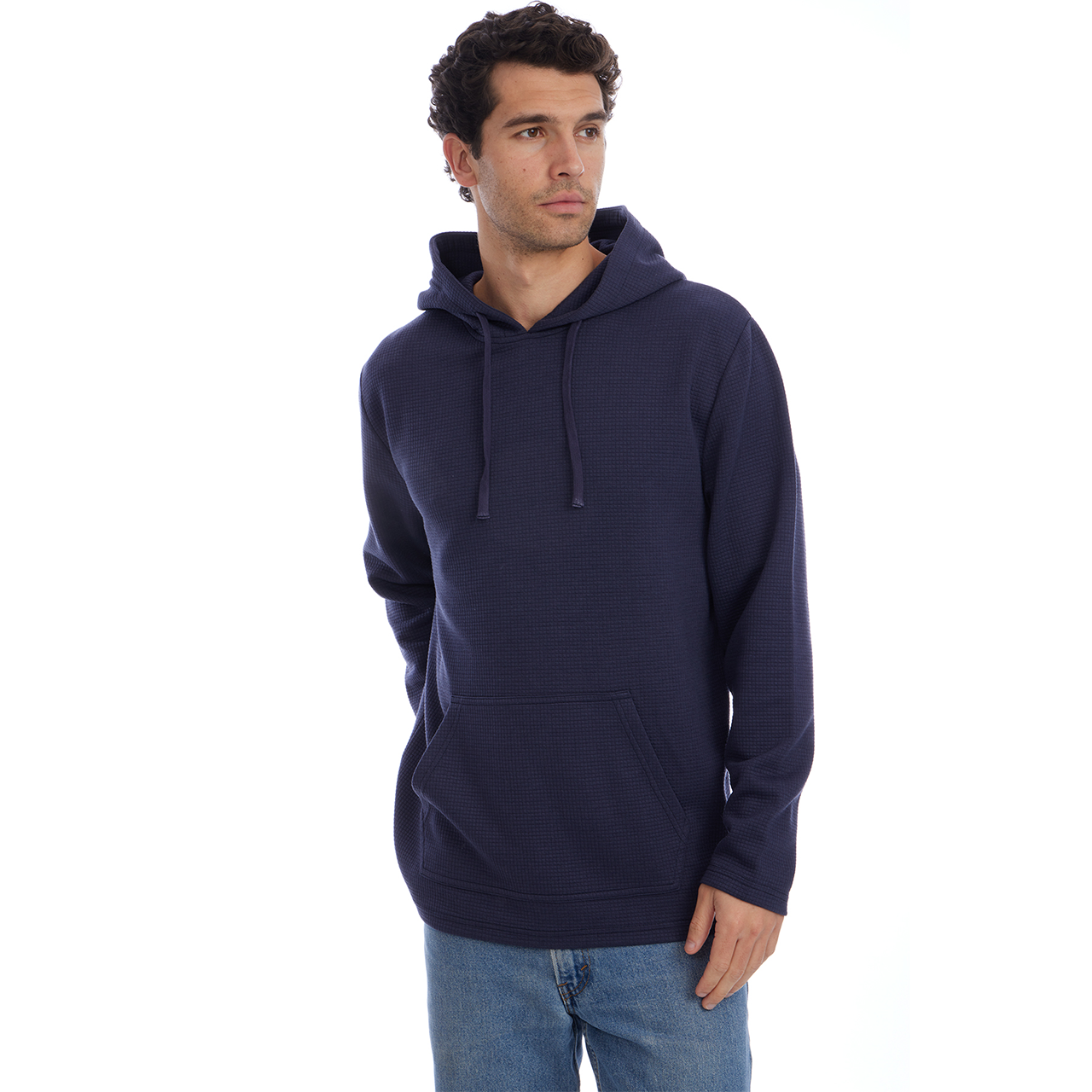Man wearing a navy blue hoodie on a white background