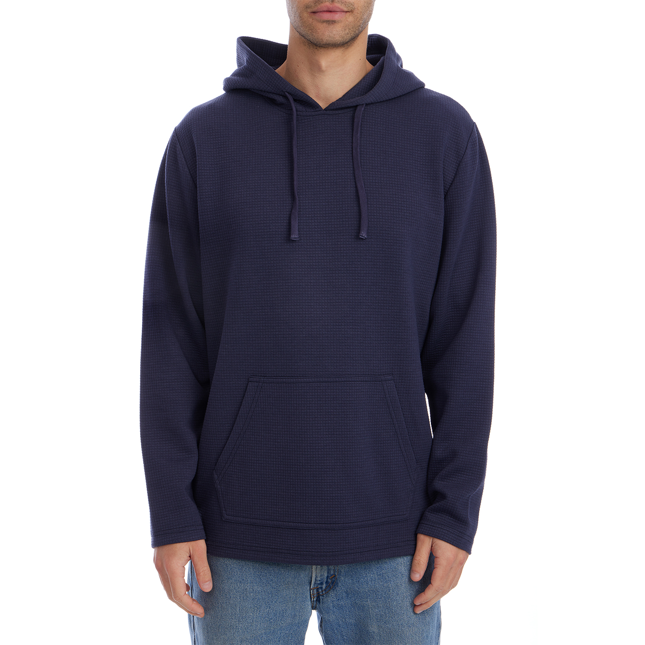 Navy blue hoodie worn by a person on a white background