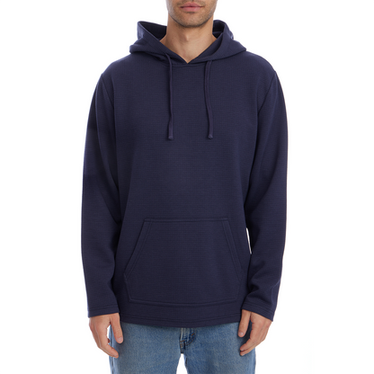 Navy blue hoodie worn by a person on a white background