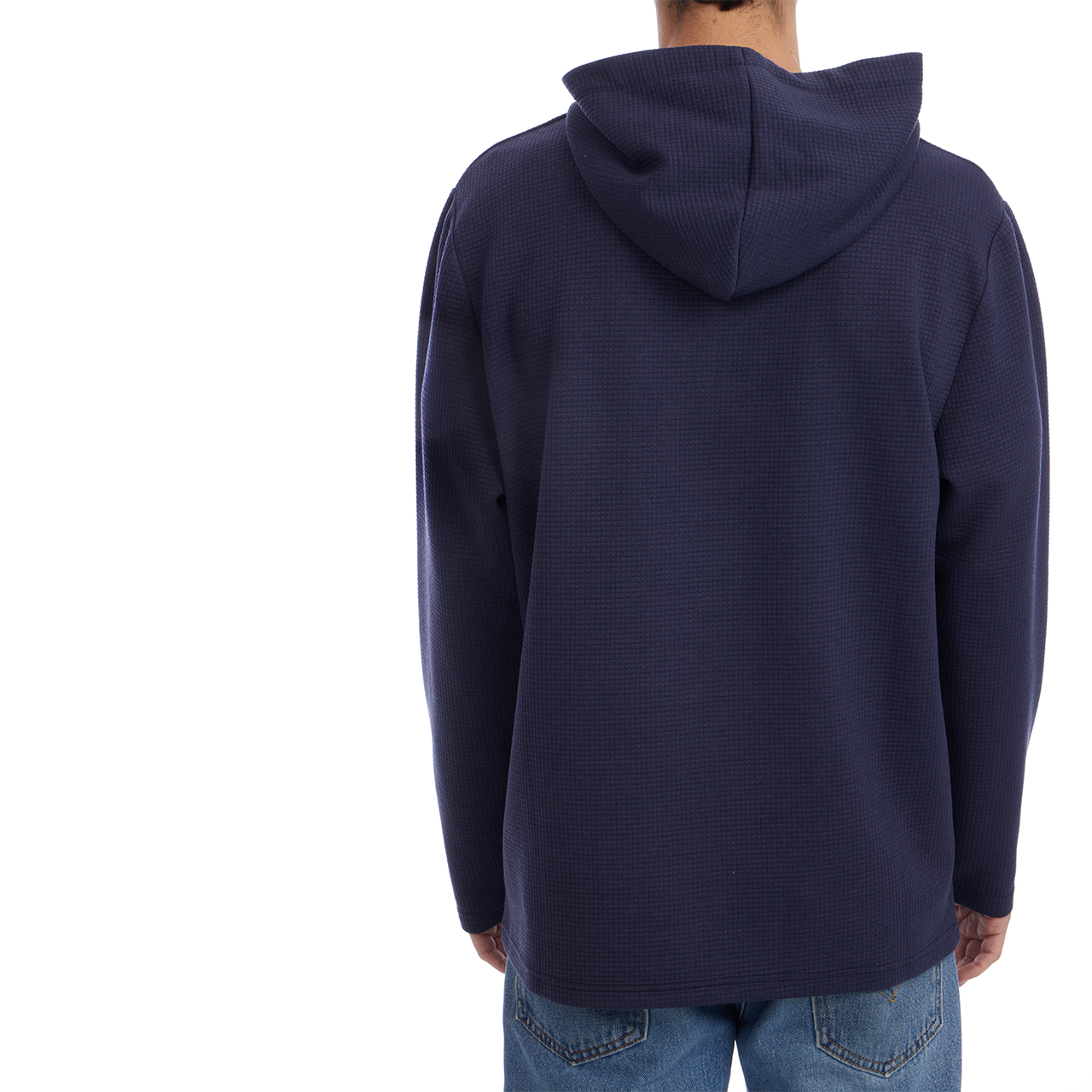 Navy blue hoodie worn by a person on a white background