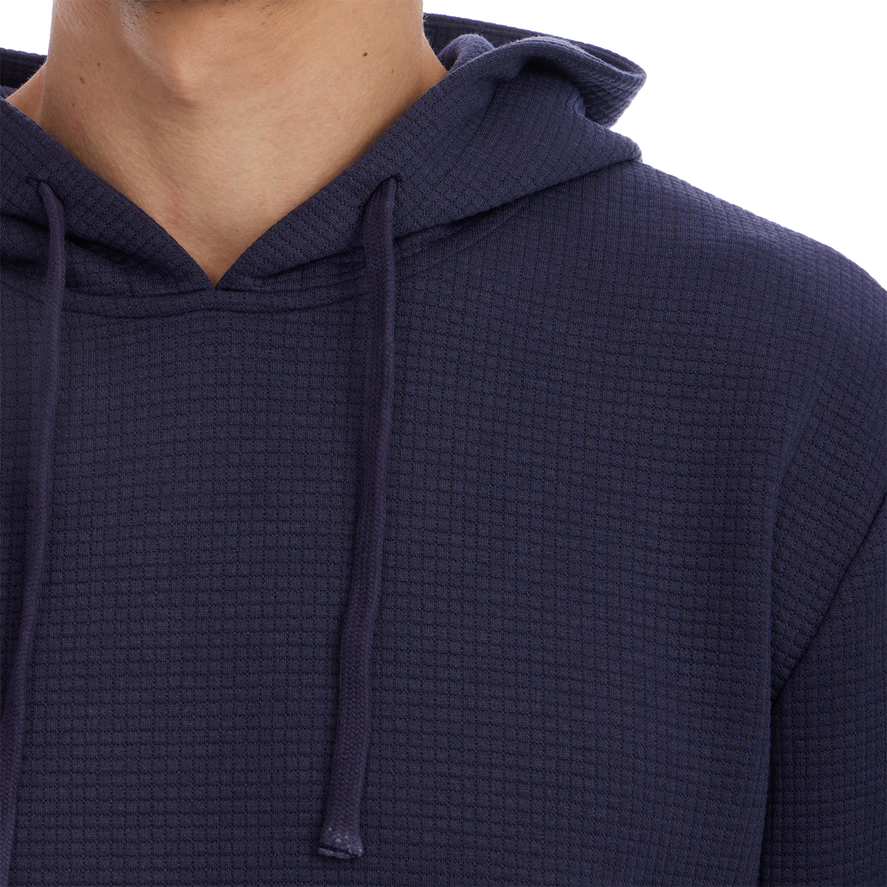 Navy blue textured hoodie on a white background