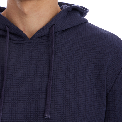 Navy blue textured hoodie on a white background