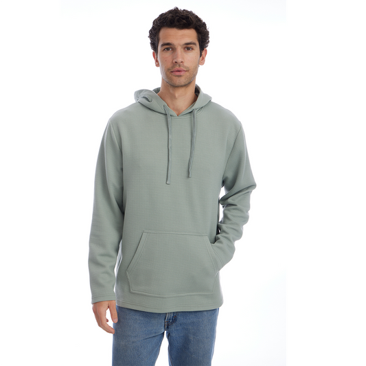 Man wearing a light gray hoodie on a white background