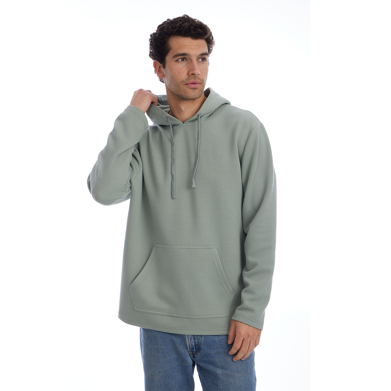 Man wearing a light gray hoodie on a white background