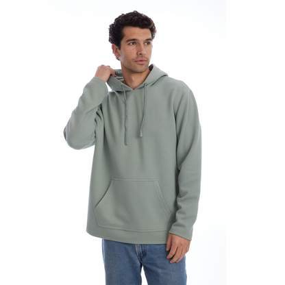 Man wearing a light gray hoodie on a white background