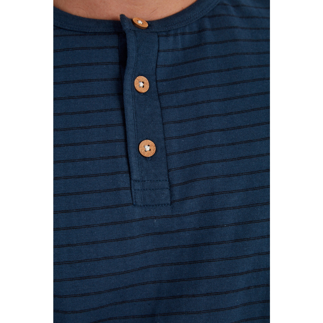 Short Sleeve Blue Striped Henley front view of collar