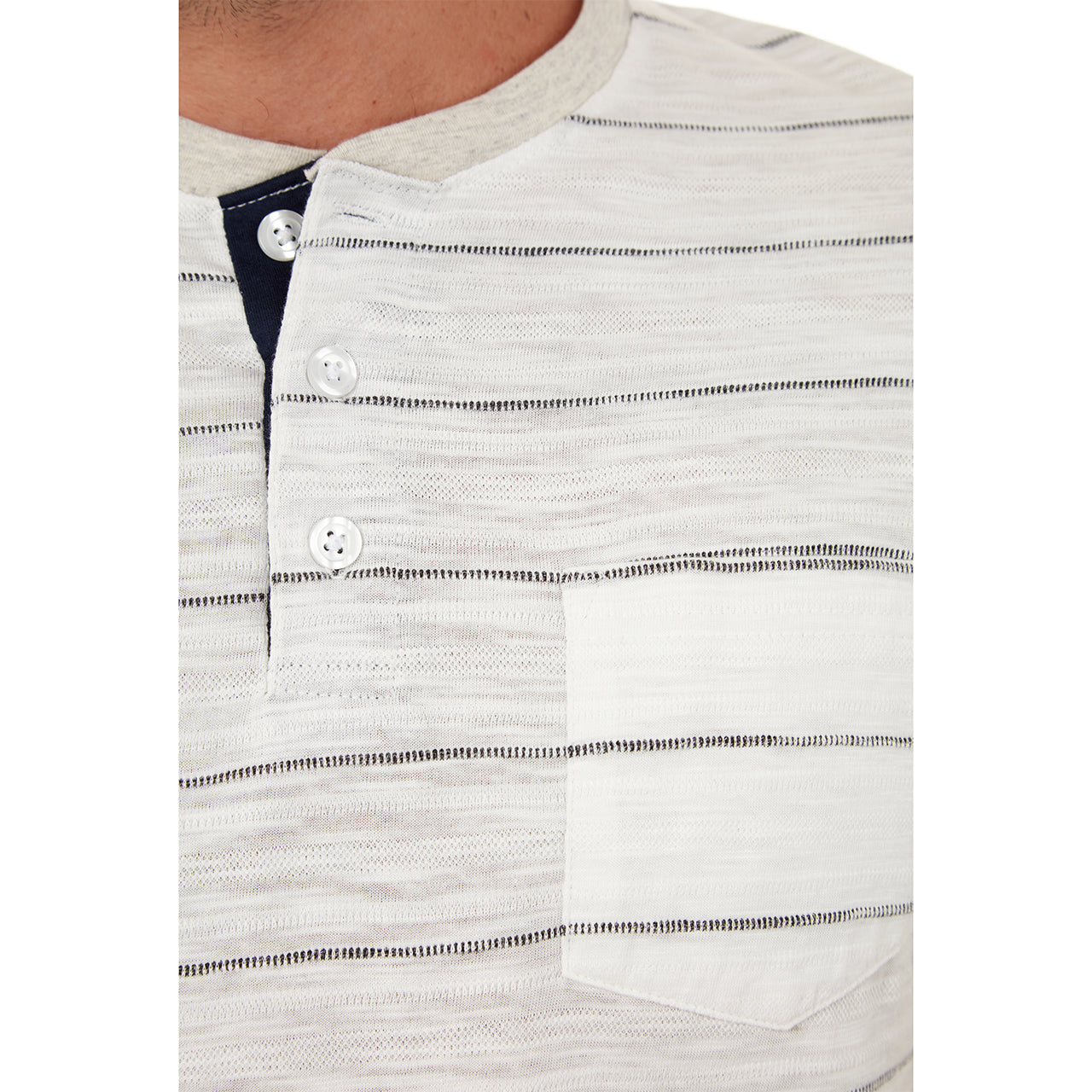 Cream Stripe Henley for Men close up of chest and pocket