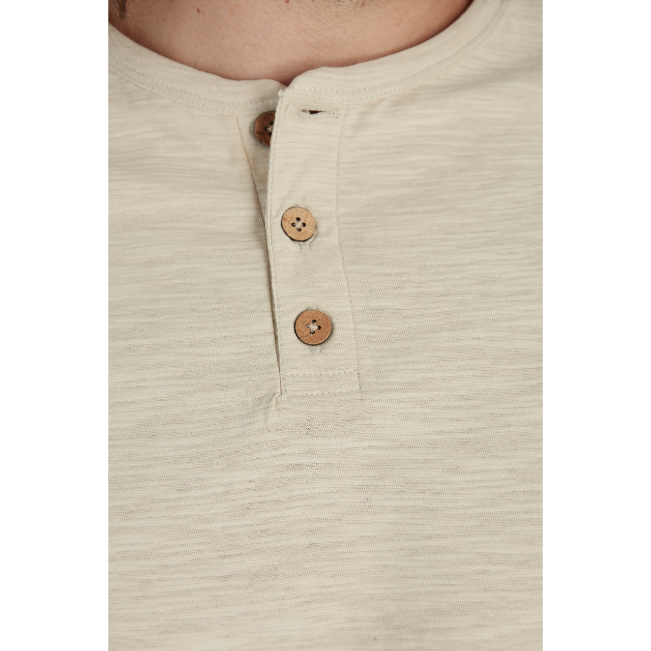Plain Short Sleeve Sand Colored Henley for Men buttons close up of neck