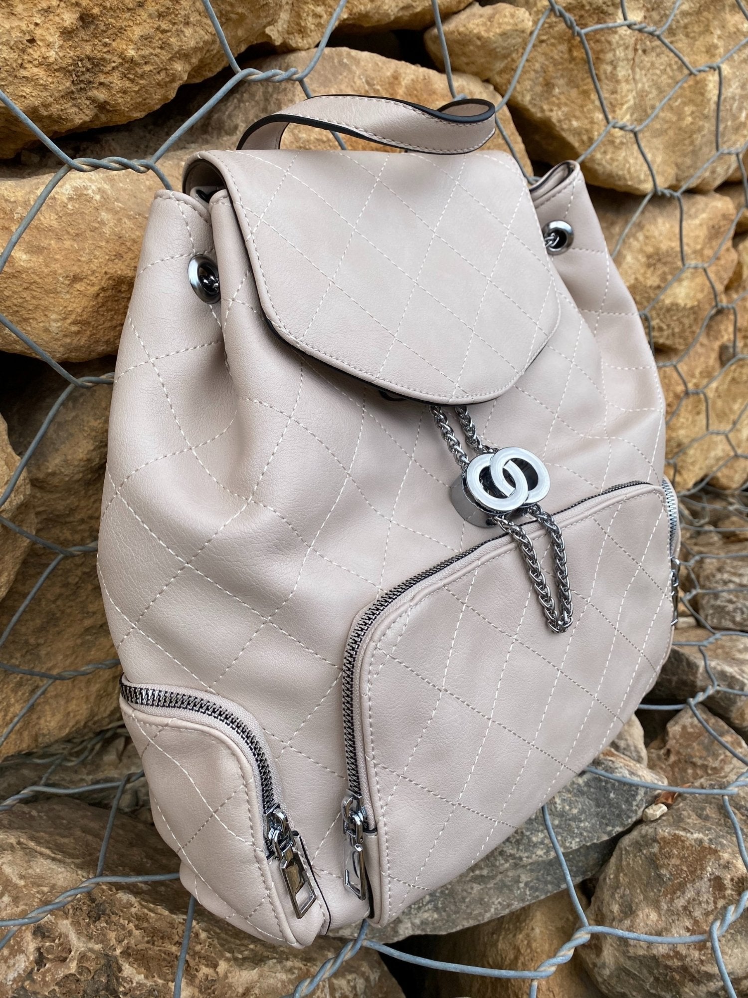 Cream Vegan Leather Backpack close up side view