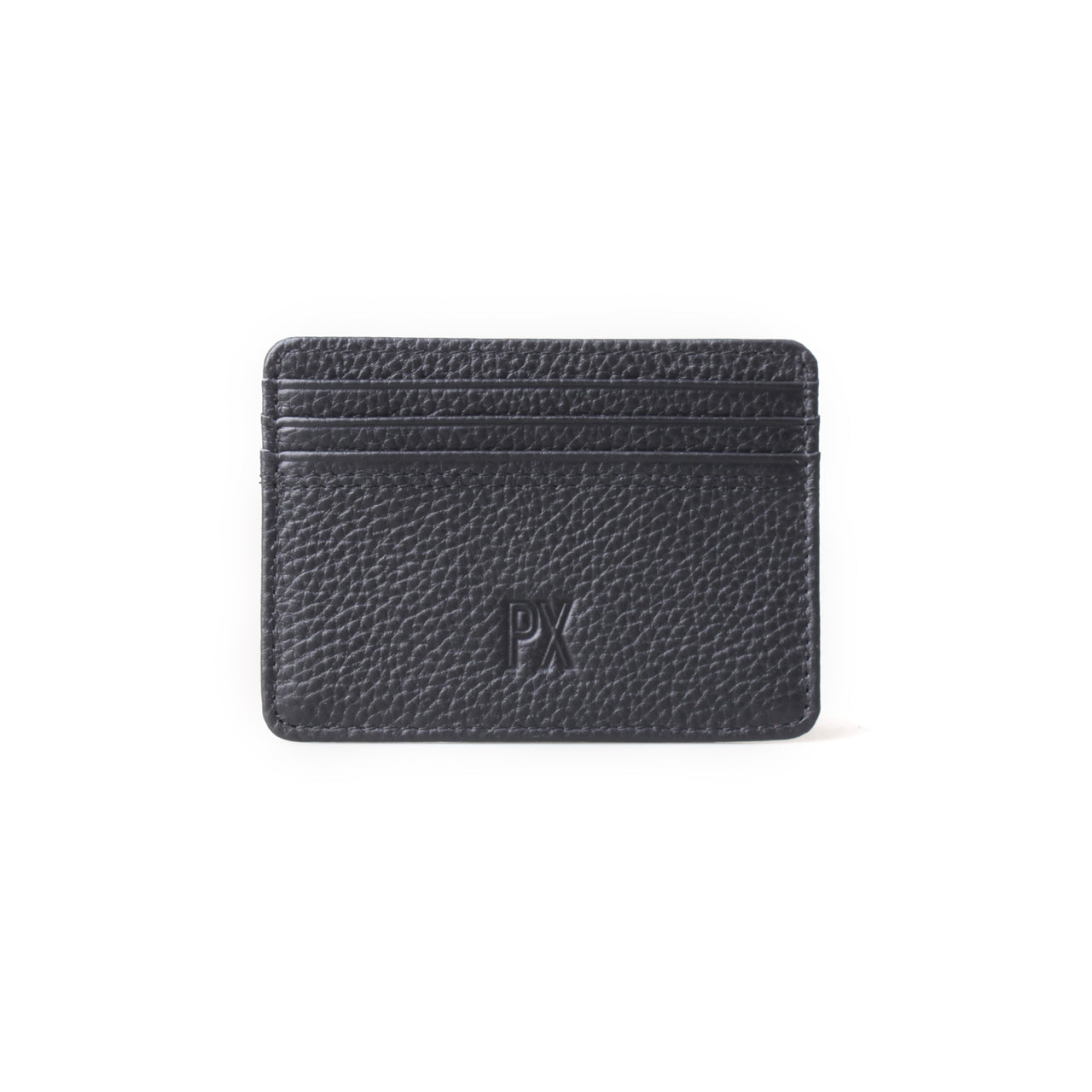A black textured leather card holder wallet with a debossed 'PK' logo on the front, shown against a plain white background.