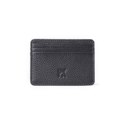 A black textured leather card holder wallet with a debossed 'PK' logo on the front, shown against a plain white background.