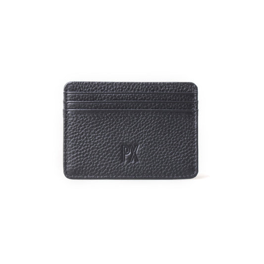A black textured leather card holder wallet with a debossed 'PK' logo on the front, shown against a plain white background.