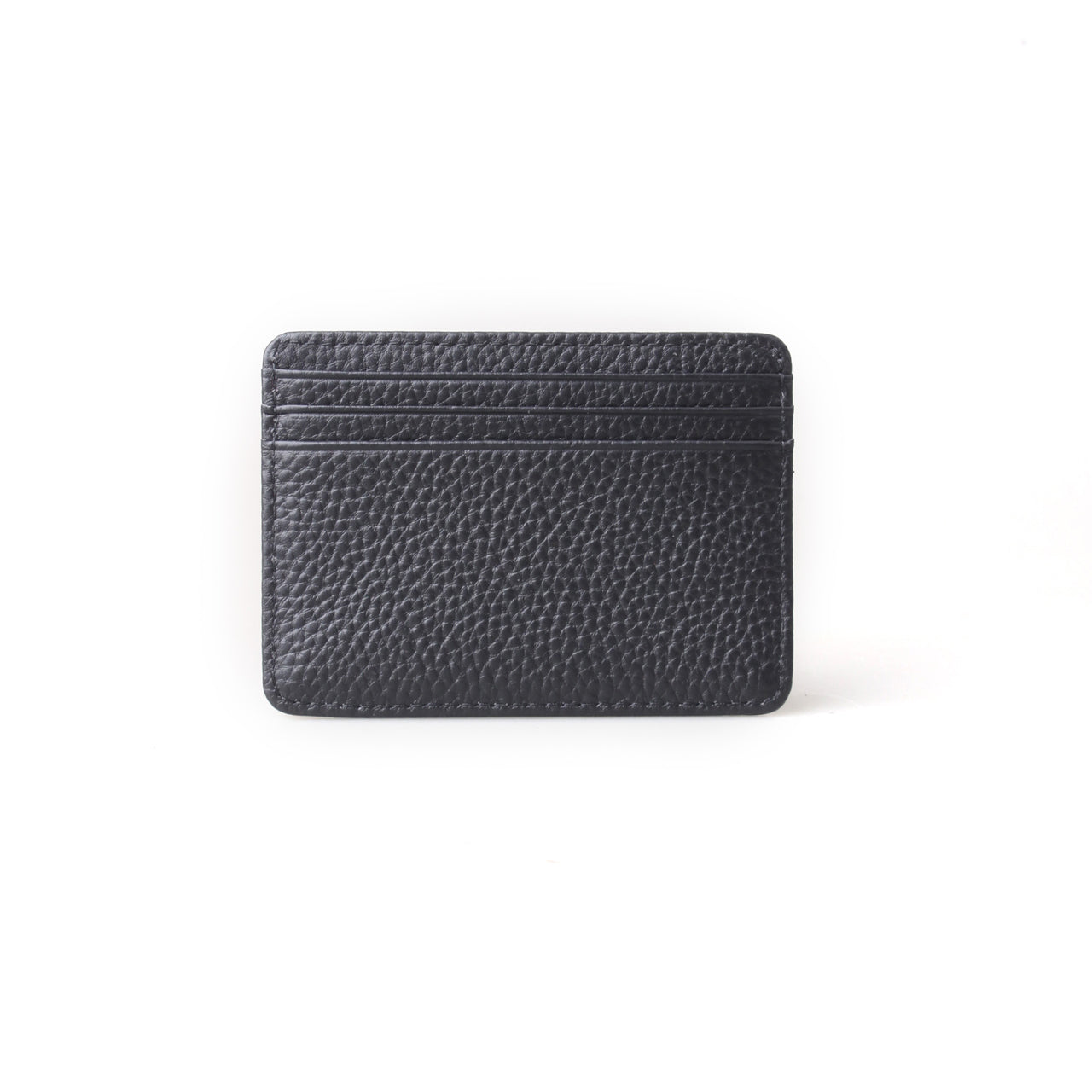 A black textured leather card holder wallet with horizontal card slots, shown from the front on a plain white background.