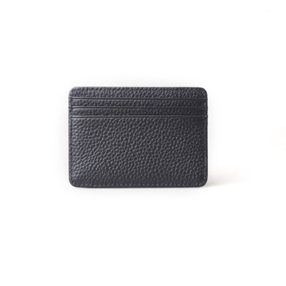 A black textured leather card holder wallet with horizontal card slots, shown from the front on a plain white background.