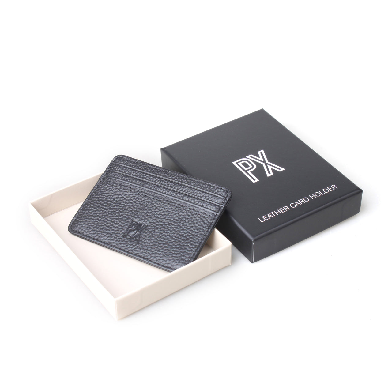 A dark gray textured leather card holder with an embossed logo, displayed next to its black branded packaging box on a white background.