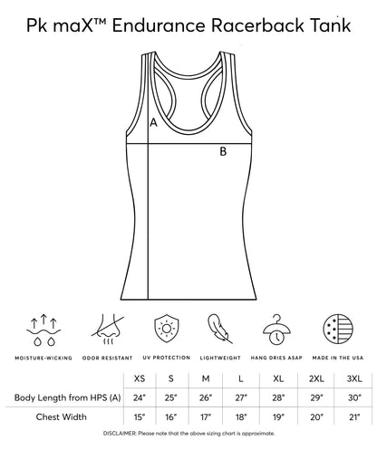 Sizing chart for Pk maX Endurance Racerback Tank with measurements and features listed.