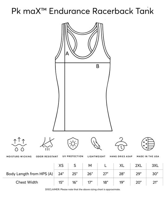 Sizing chart for Pk maX Endurance Racerback Tank with measurements and features listed.