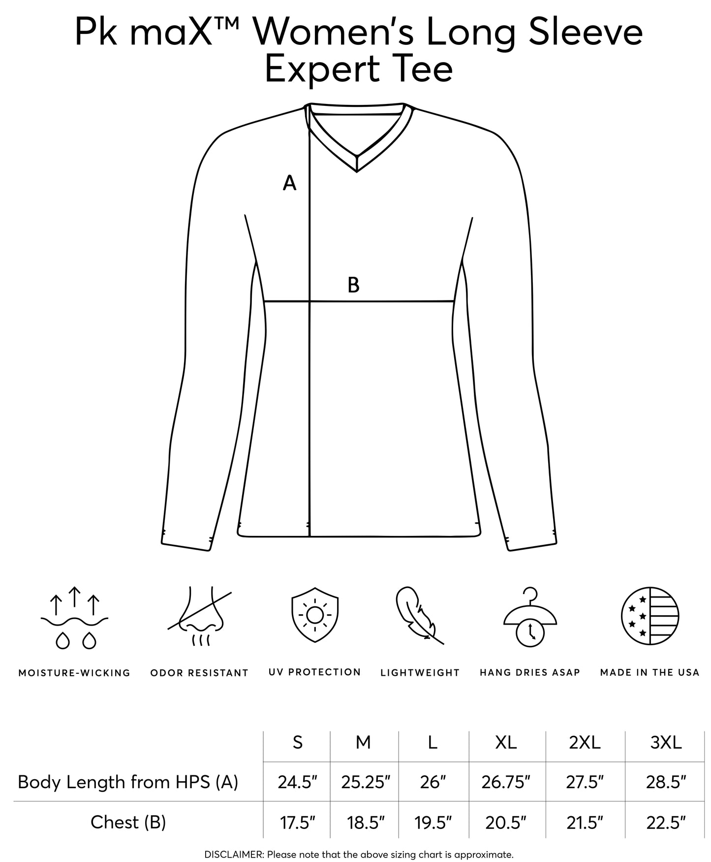 Line drawing of a women's long sleeve expert tee with measurement chart and icons below.