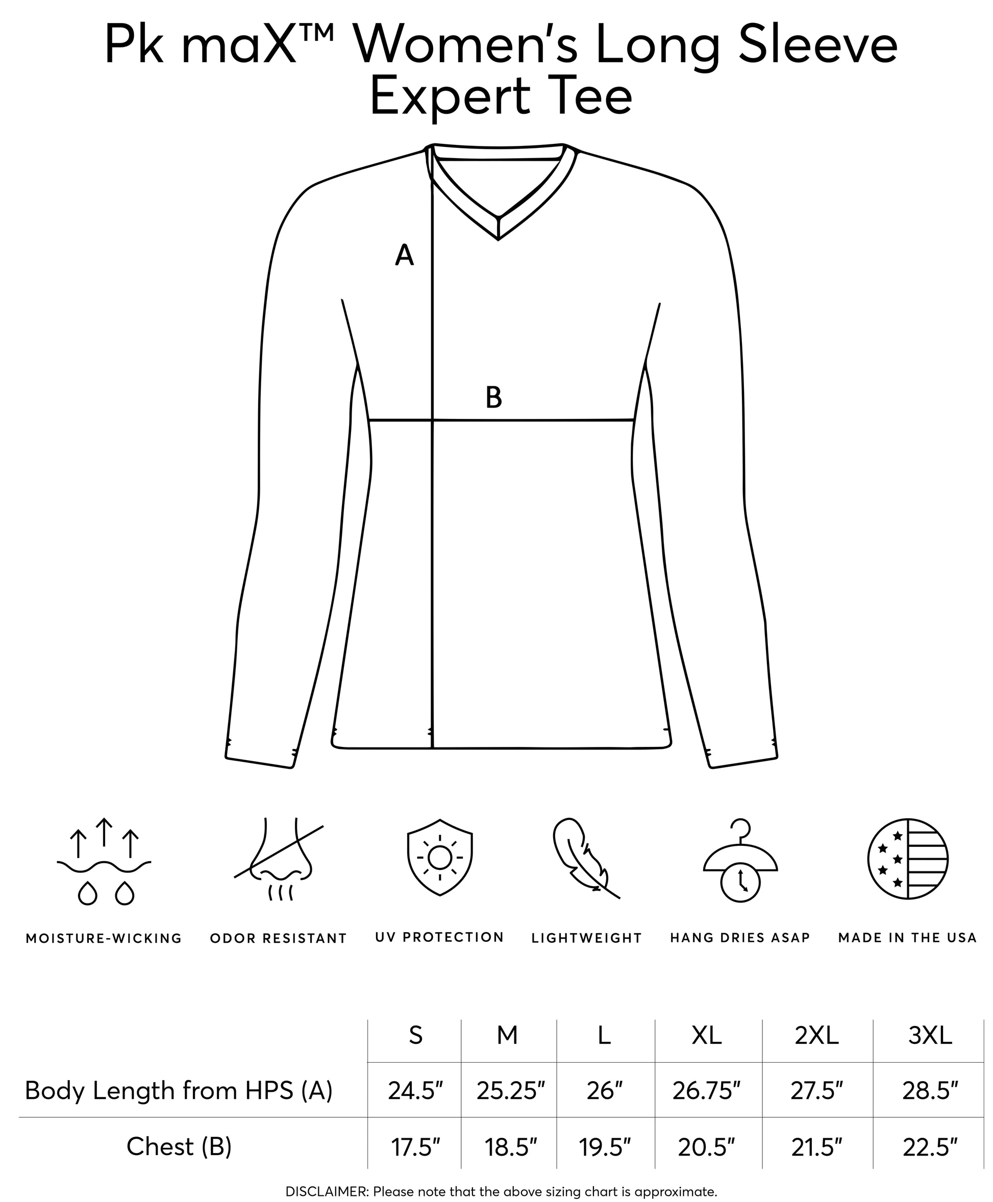 Line drawing of a women's long sleeve expert tee with measurement chart and icons below.
