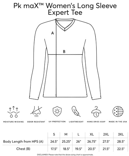 Line drawing of a women's long sleeve expert tee with measurement chart and icons below.