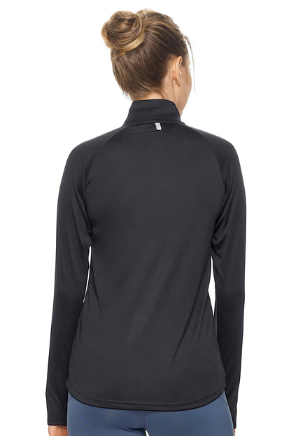 Black long-sleeve athletic top worn by a person on a white background