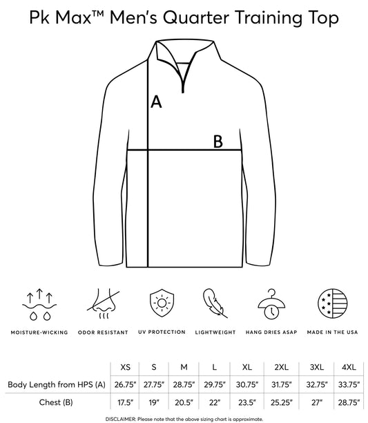 Diagram of a men's quarter training top with size chart and feature icons on a white background.