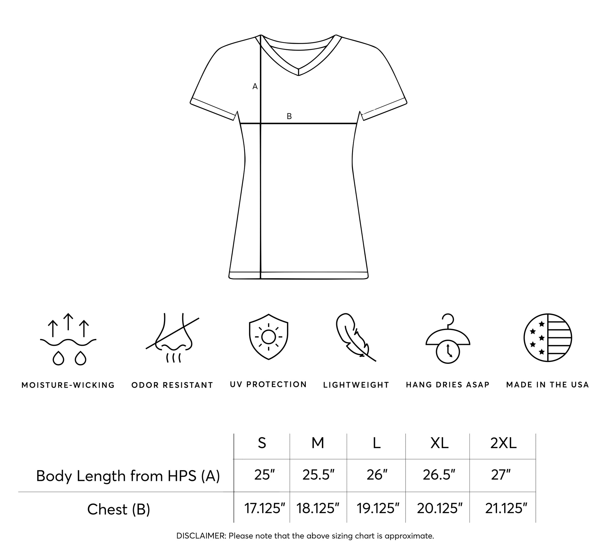 Measurement chart for a t-shirt with dimensions and features listed.