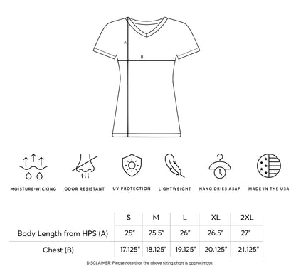 Measurement chart for a t-shirt with dimensions and features listed.