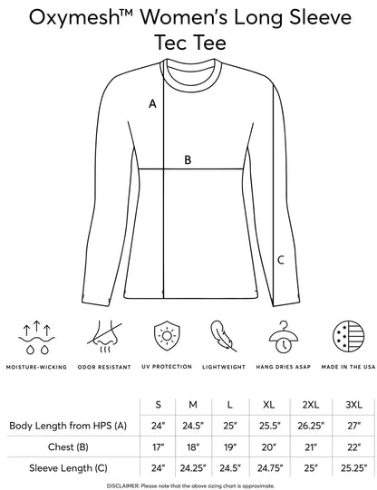 Oxymesh Women's Long Sleeve Tec Tee diagram with measurements and features on a white background