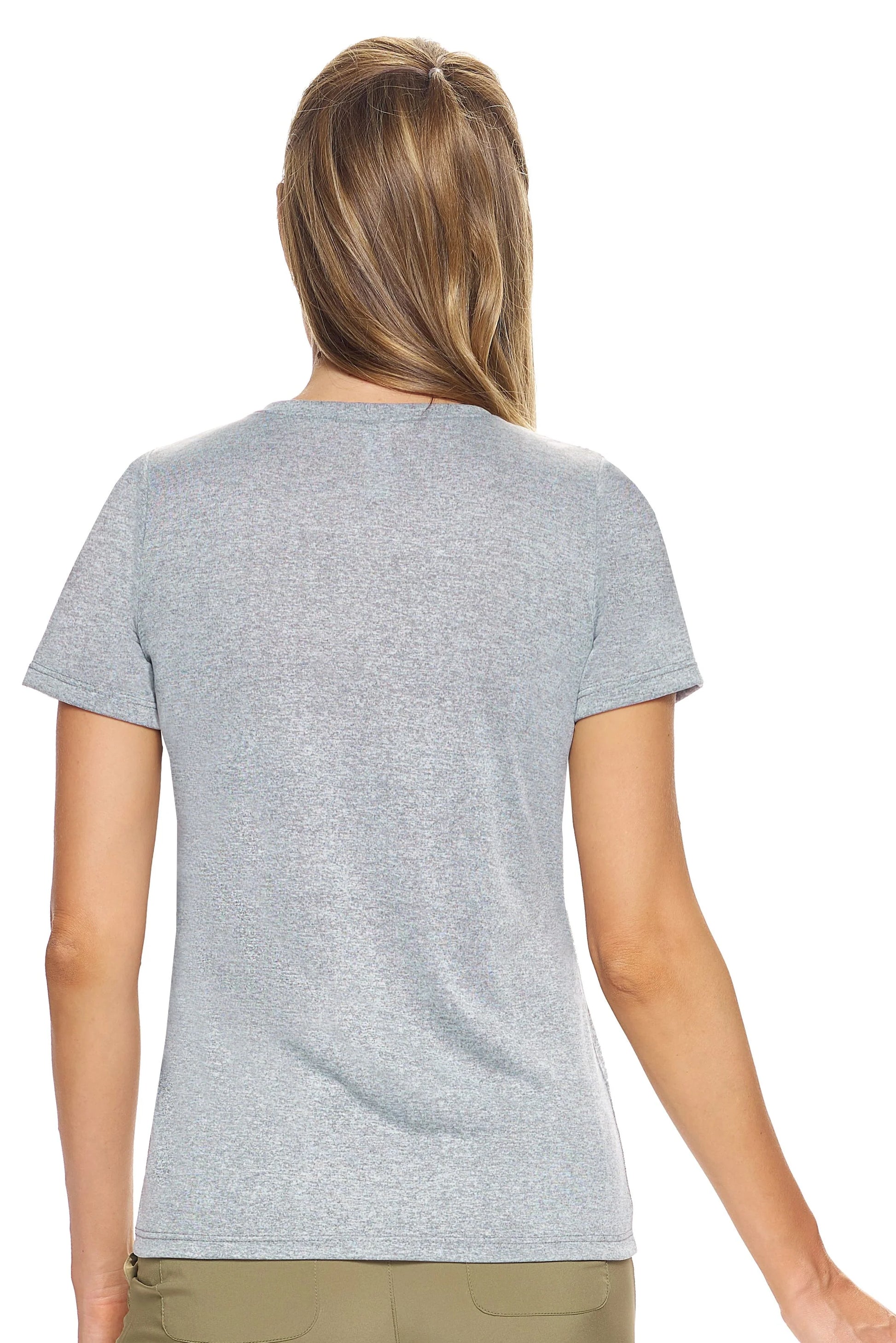 Person wearing a gray t-shirt on a white background