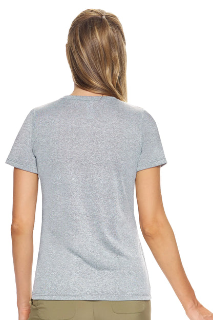 Person wearing a gray t-shirt on a white background