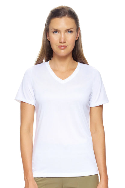 Woman wearing a plain white t-shirt on a white background