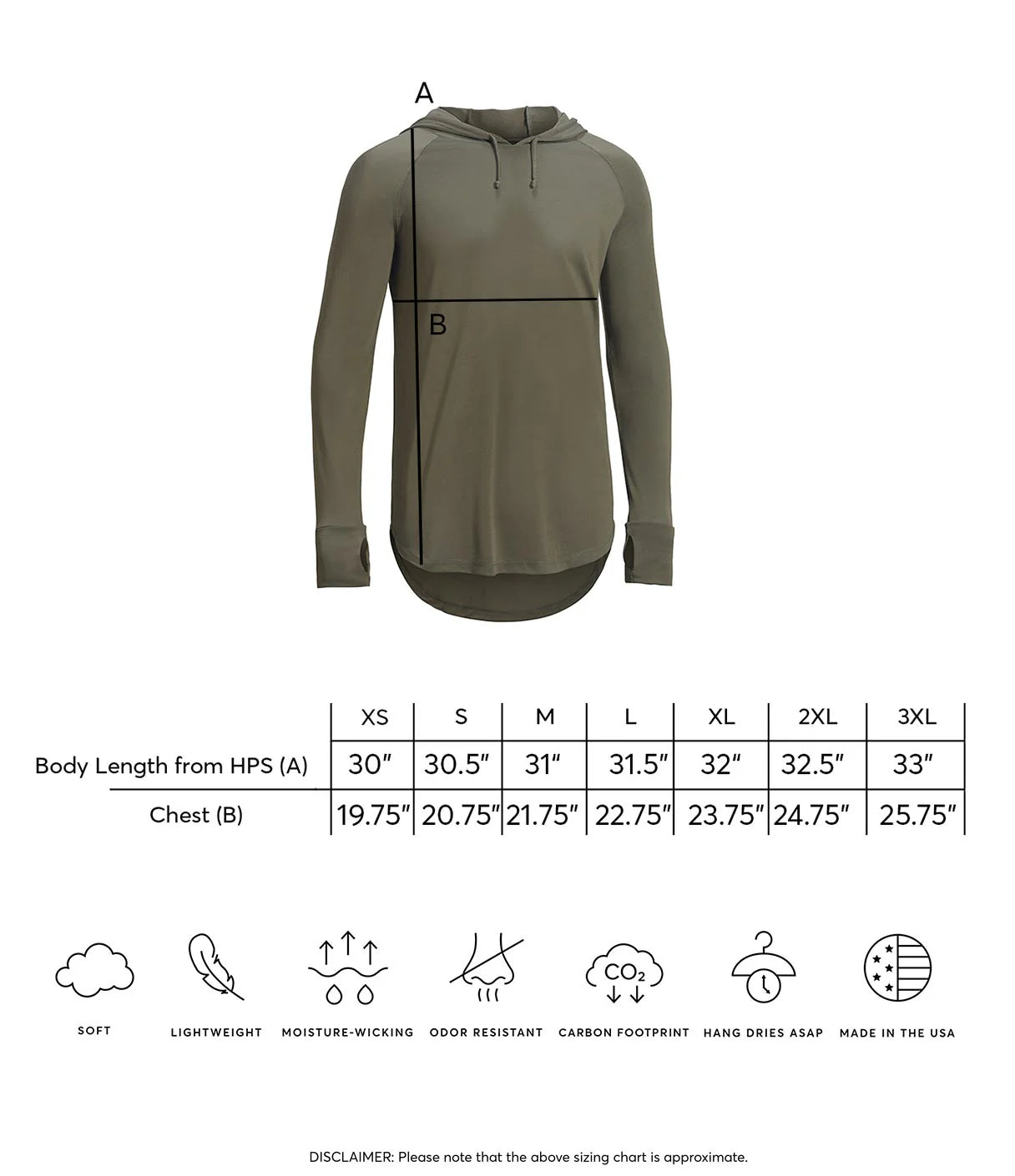 Green hoodie with size chart on a white background