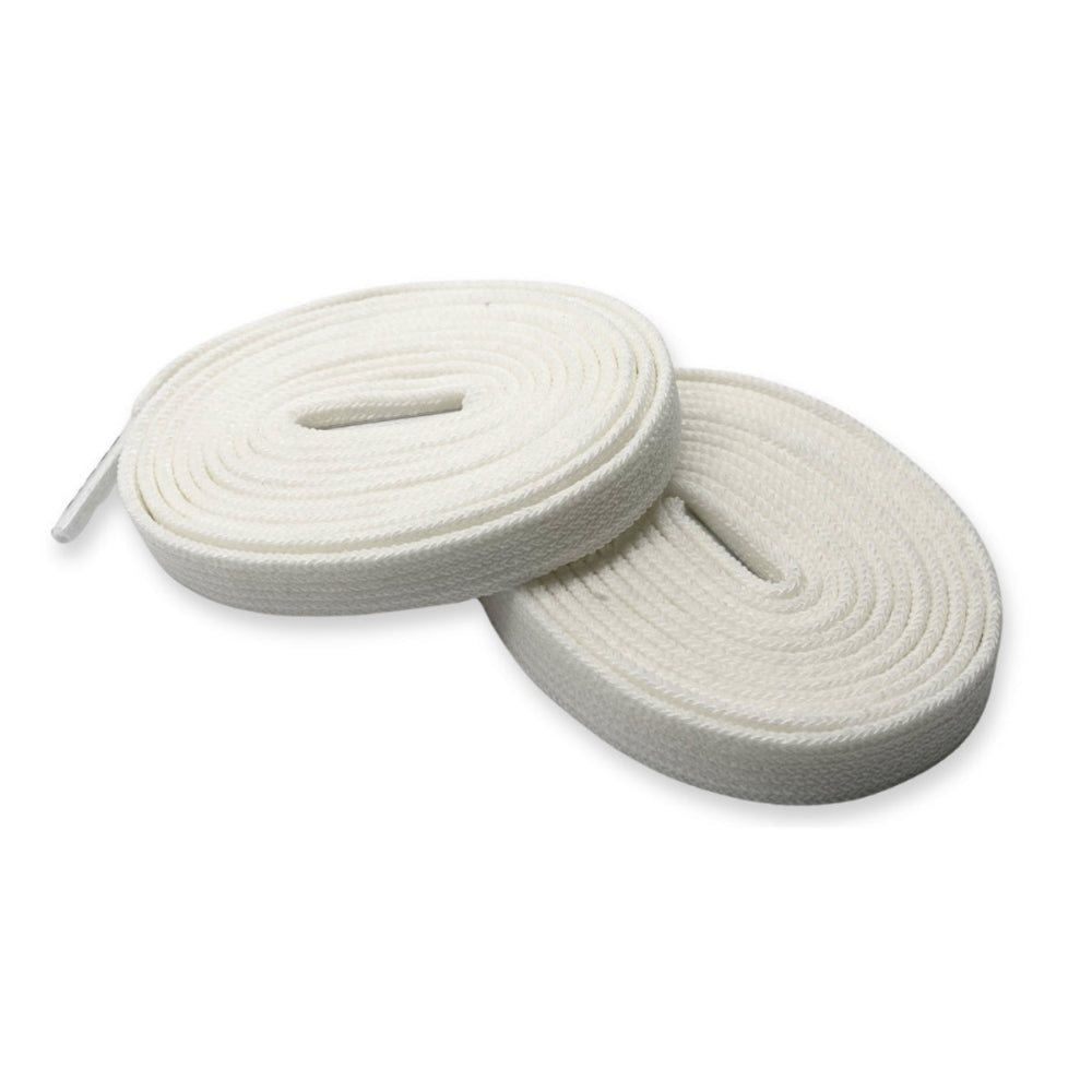Two coiled white shoelaces on a white background