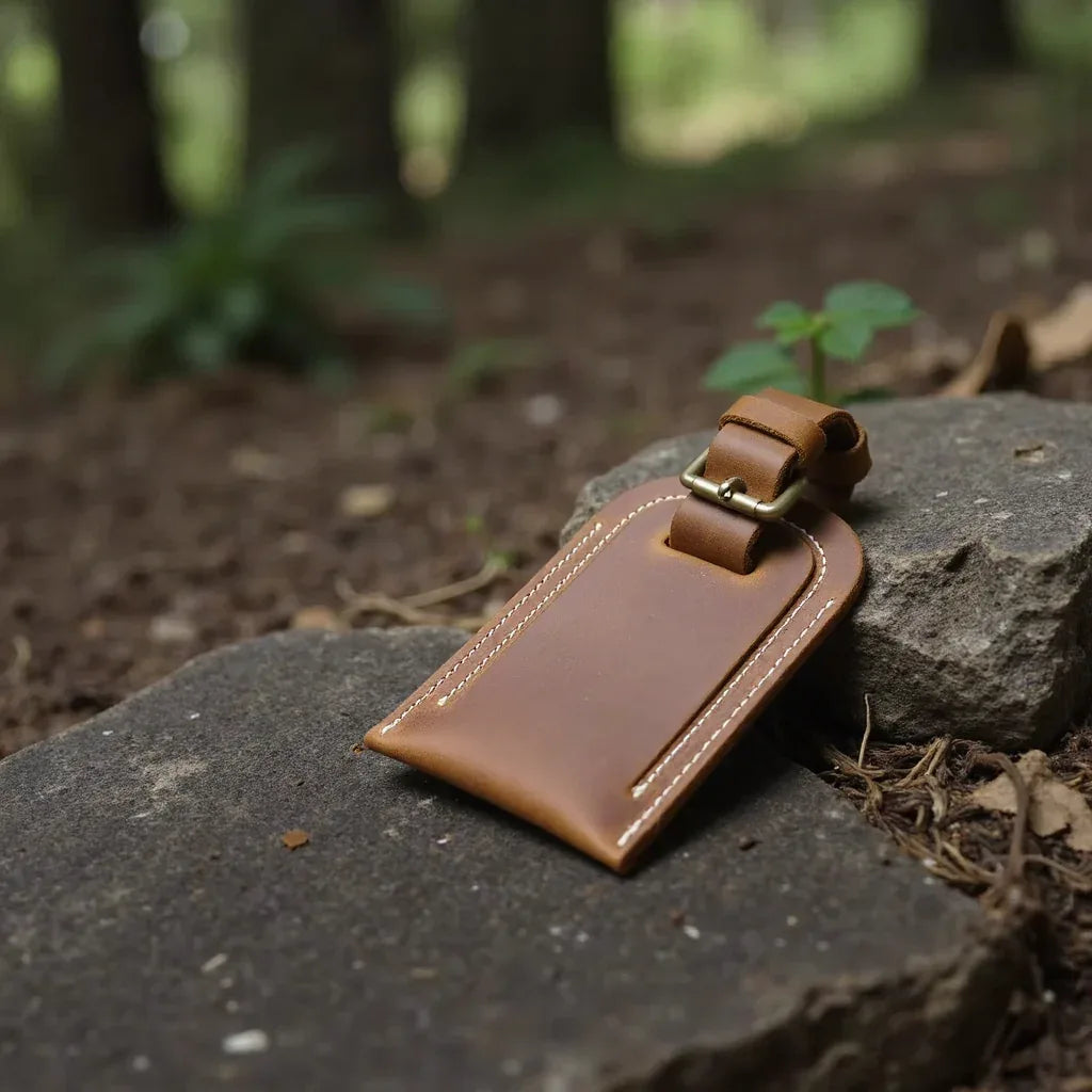 Brown full grain leather luggage tag with metal buckle strap and stitched detail.