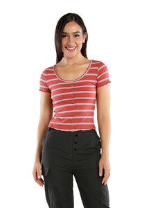 Striped Button Up Short Sleeve Women's Crop Top red