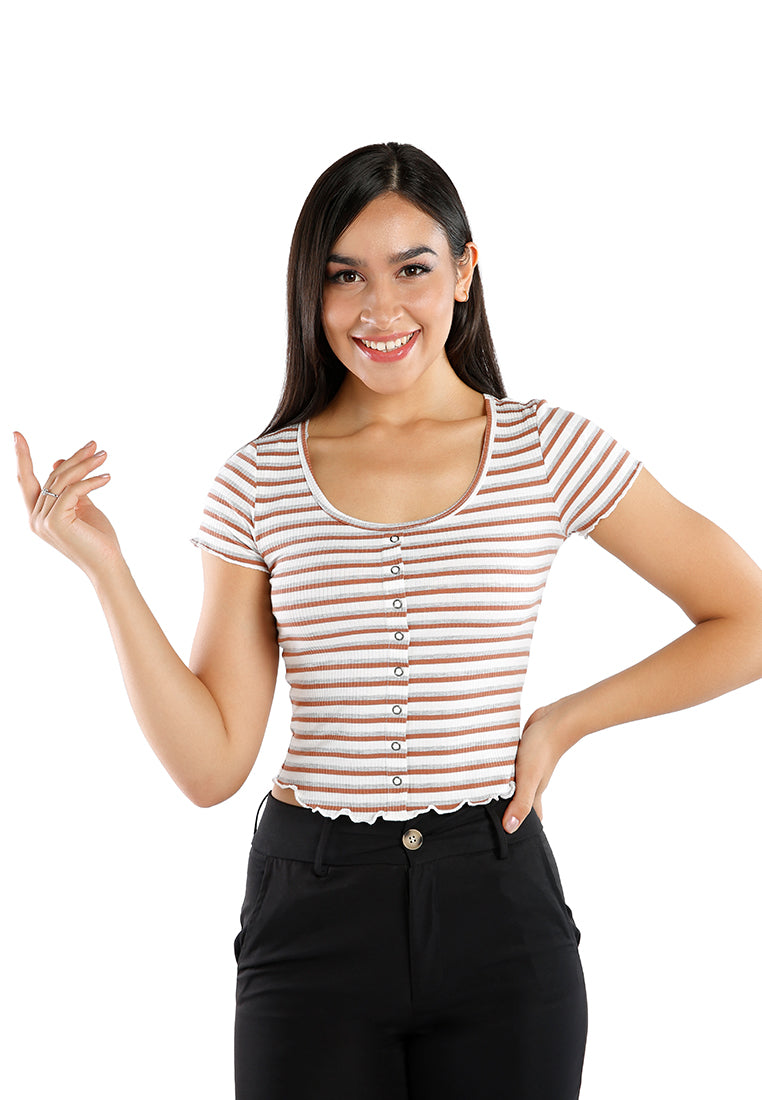 Striped Button Up Short Sleeve Women's Crop Top gold ivory front