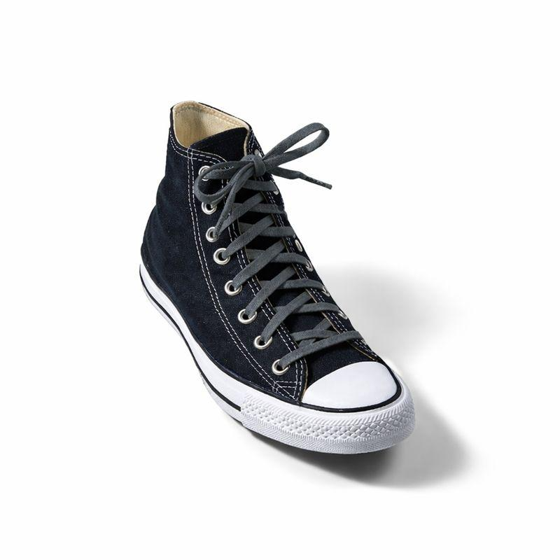 Navy high-top sneaker with white sole on a white background