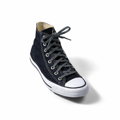 Navy high-top sneaker with white sole on a white background