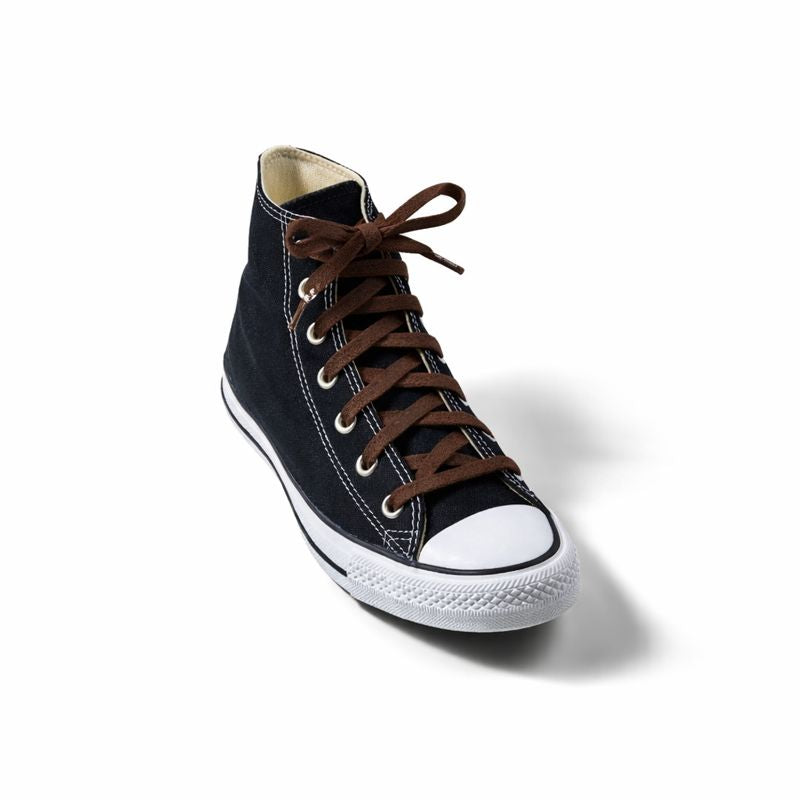 Black high-top sneaker with brown laces on a white background