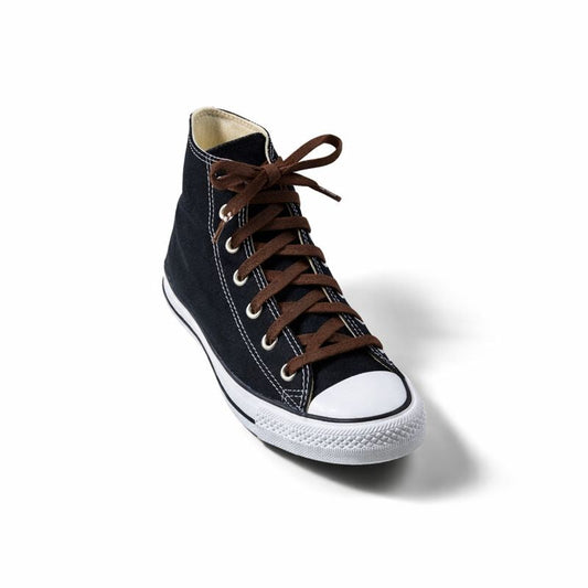 Black high-top sneaker with brown laces on a white background
