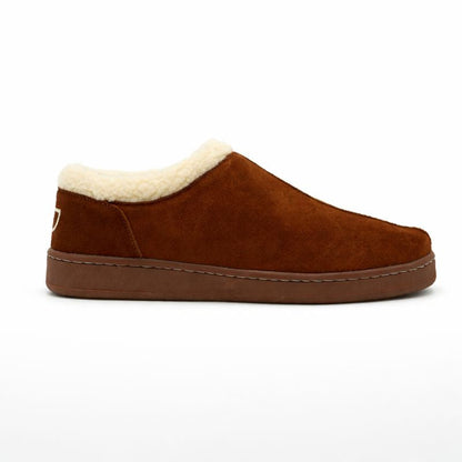 Brown slipper with white lining on a white background