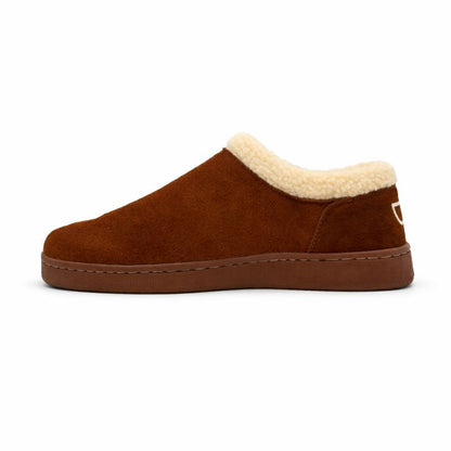 Brown slipper with beige lining on a white background