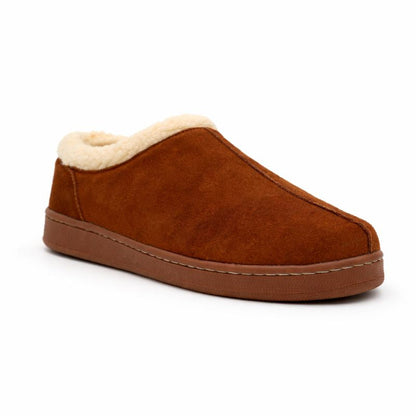 Brown slipper with white lining on a white background