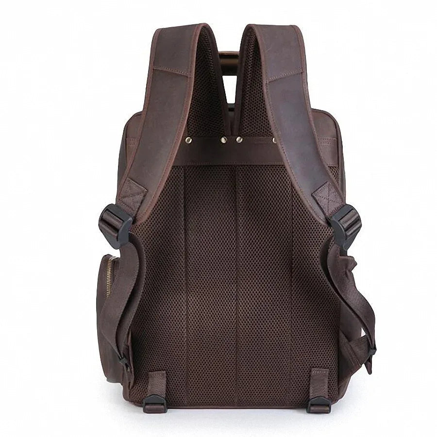 Leather camera backpack back panel with padded mesh and adjustable shoulder straps