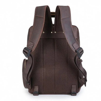 Leather camera backpack back panel with padded mesh and adjustable shoulder straps