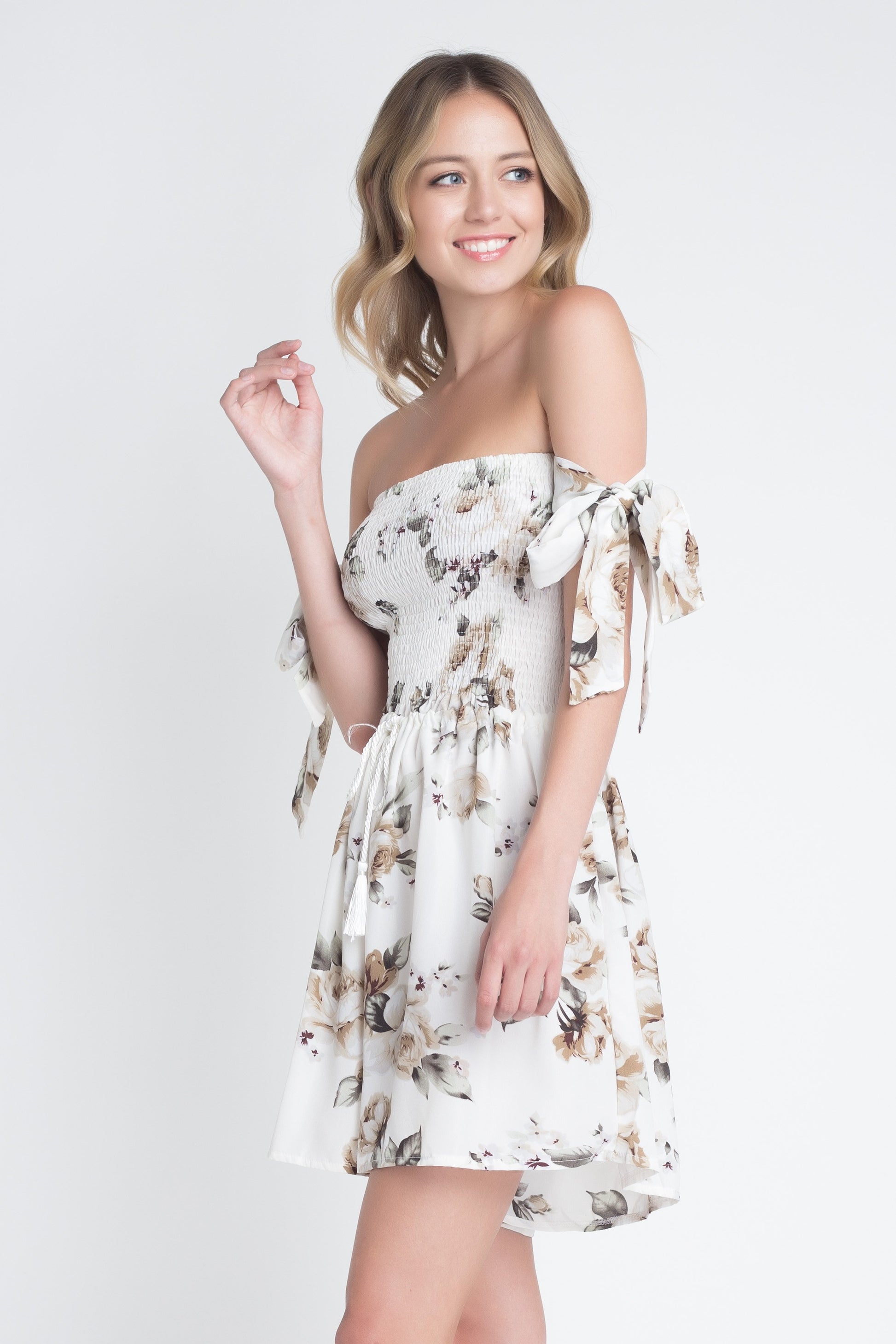 Women's Off Shoulder Smocked Floral Tie Romper