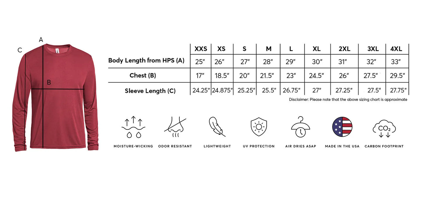 Maroon long-sleeve shirt with size chart and feature icons on a white background