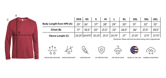 Maroon long-sleeve shirt with size chart and feature icons on a white background