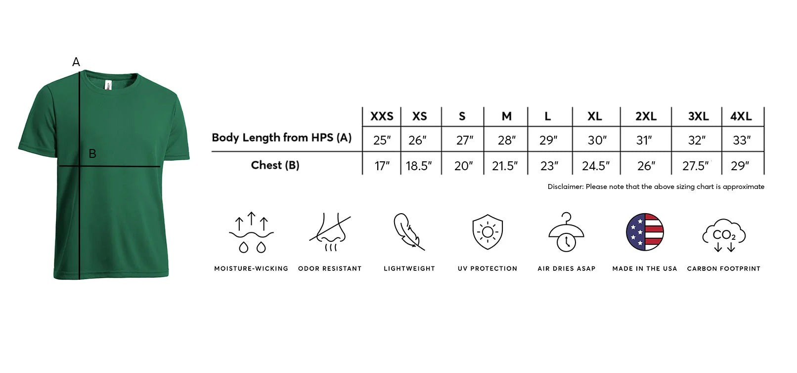 Green t-shirt with size chart and feature icons on a white background